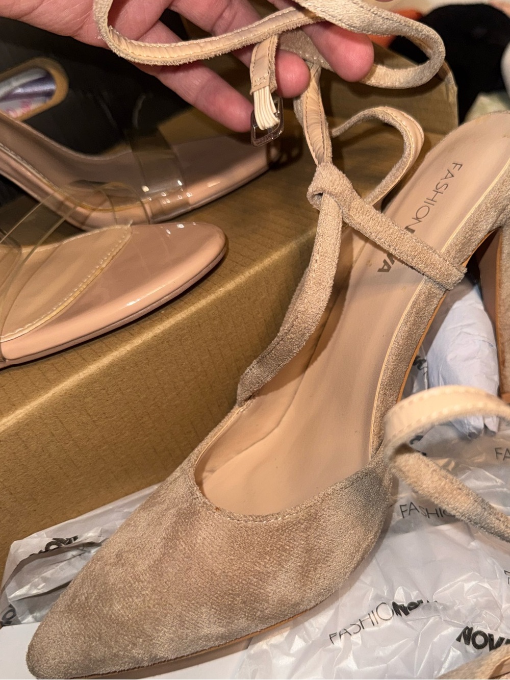 Fashion Nova Beige Suede Pointed Lace-Up Heels